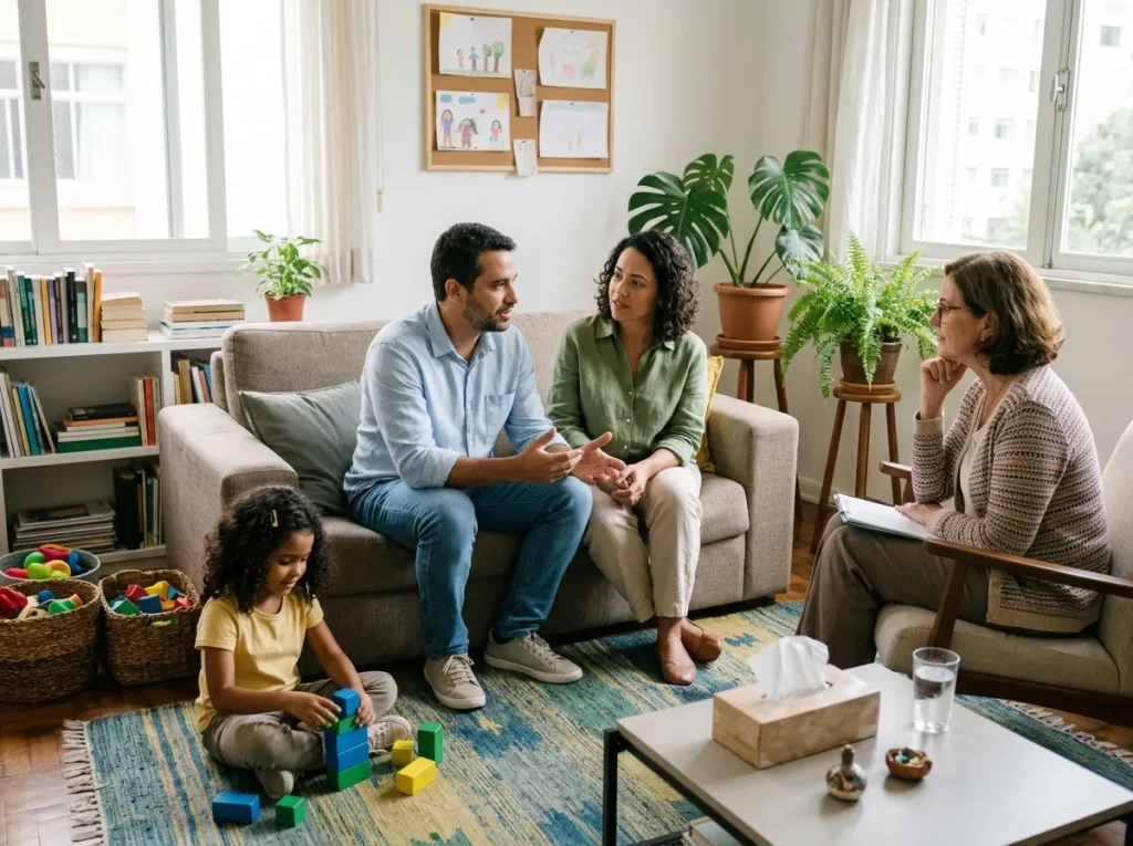Pais conversando com uma terapeuta enquanto a filha brinca