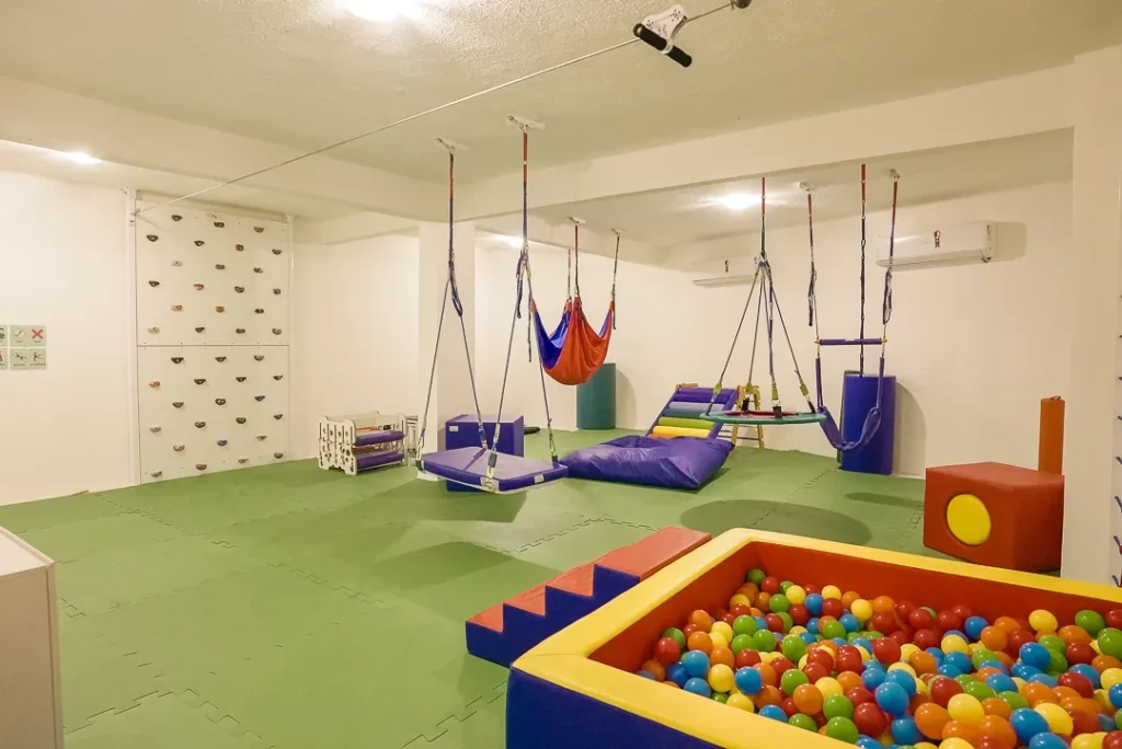Sala de terapia ocupacional da Laços Vivos, em Olinda, com balanços e piscina de bolinhas